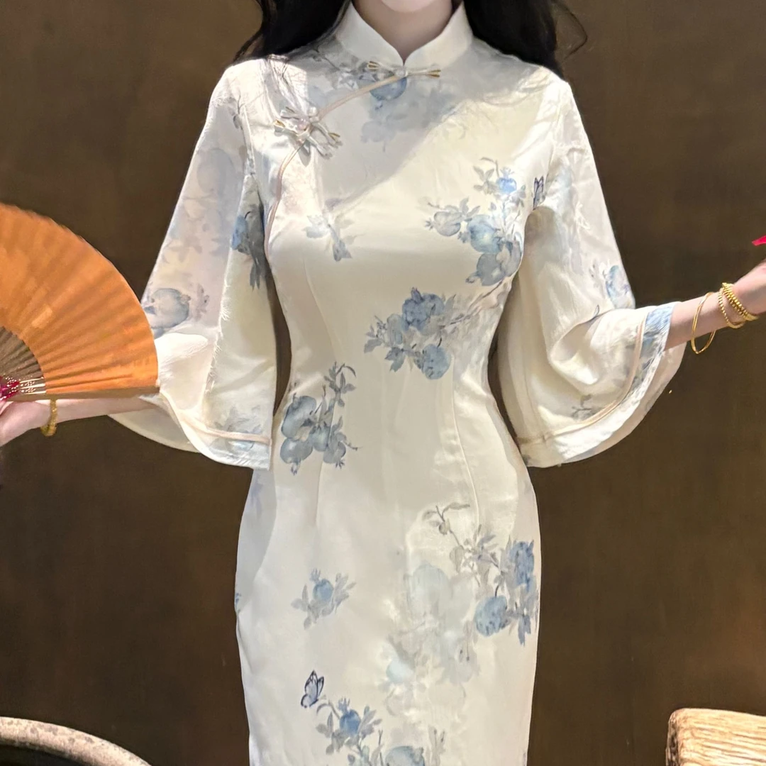 LHMknk1画报夫人原创自制高级温柔旗袍长裙连衣裙 蓝石榴倒大袖