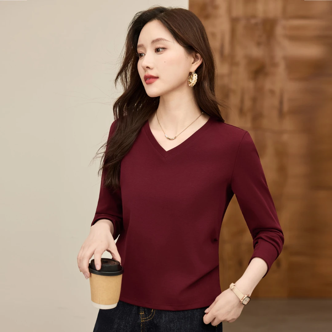 正肩纯色V领长袖T恤打底衫秋季新款修身抽褶显瘦气质打底女装上衣