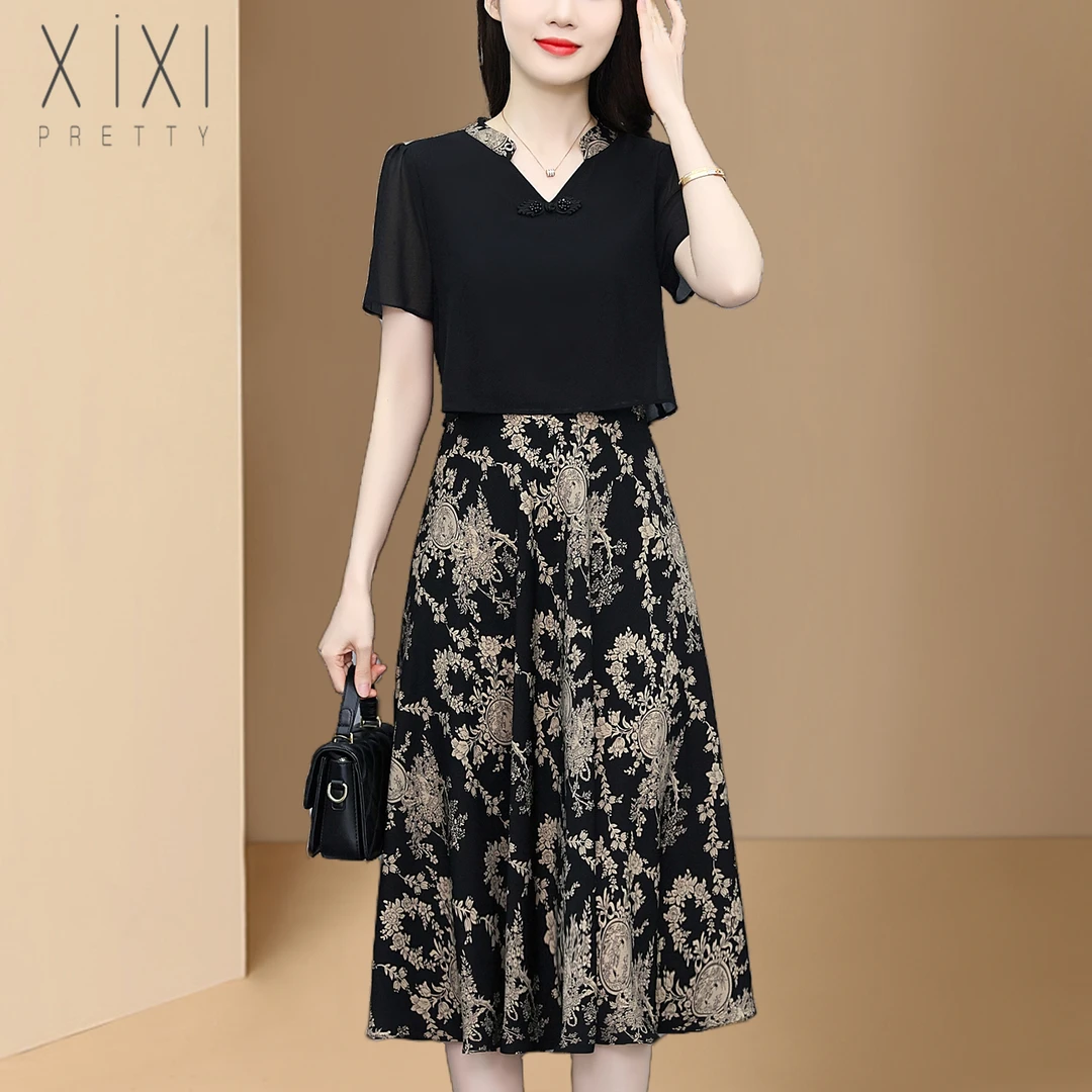 2025夏季新款时尚洋气妈妈连衣裙阔太太假两件高端大牌气质显瘦裙