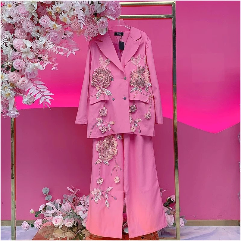 A1455欧美设计师2025春夏新款重工钉珠亮片花时尚休闲西装套装女