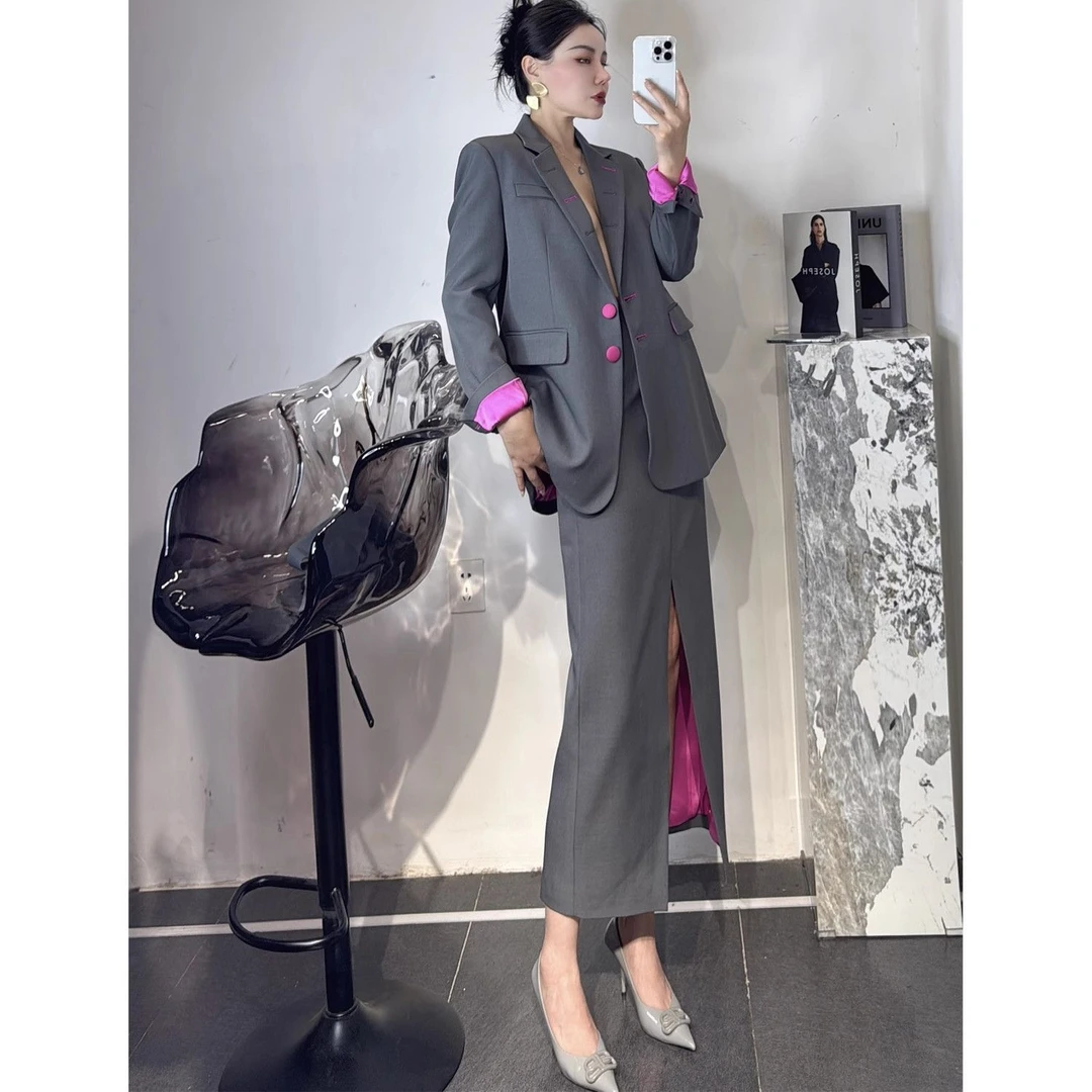 小香风灰色西装套装裙韩系秋季穿搭2025干练气质女装高级感两件套