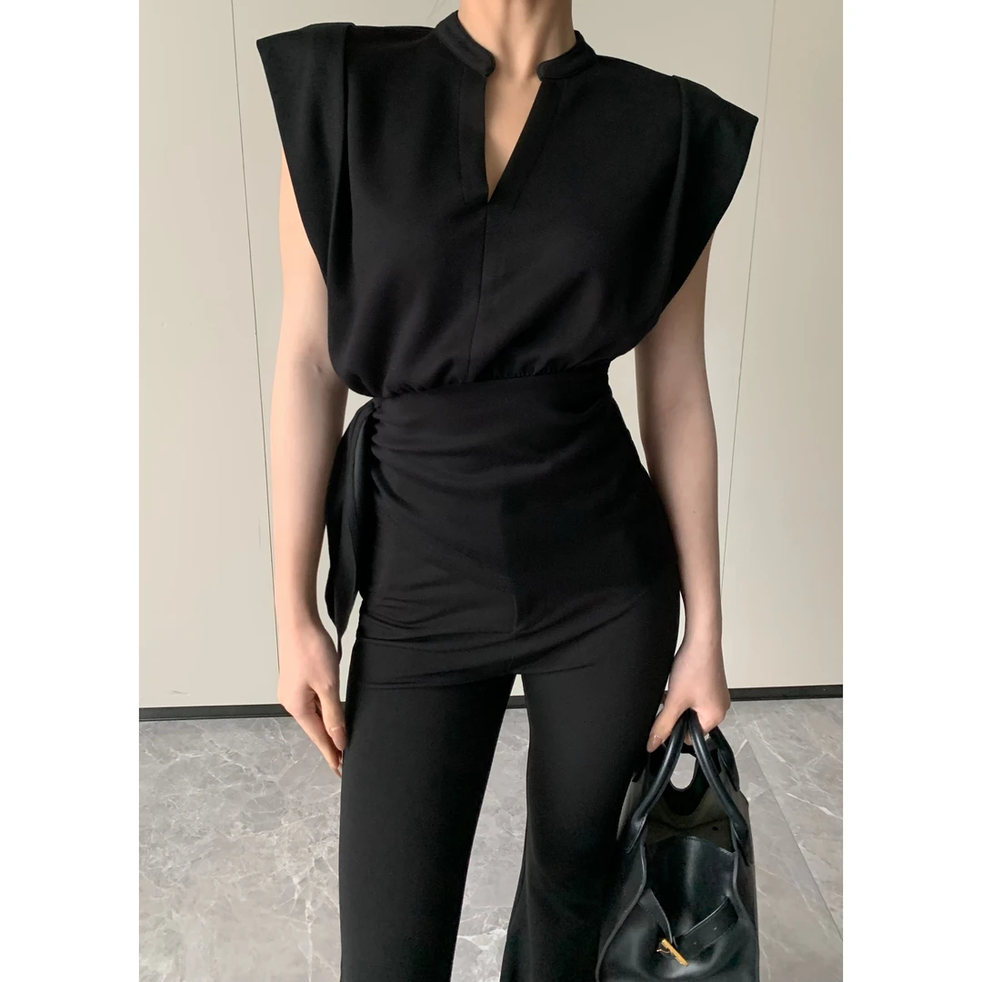 JIJINQI气质显瘦收腰设计感上衣时尚辣妹高腰v领上衣 JINQCSP0484