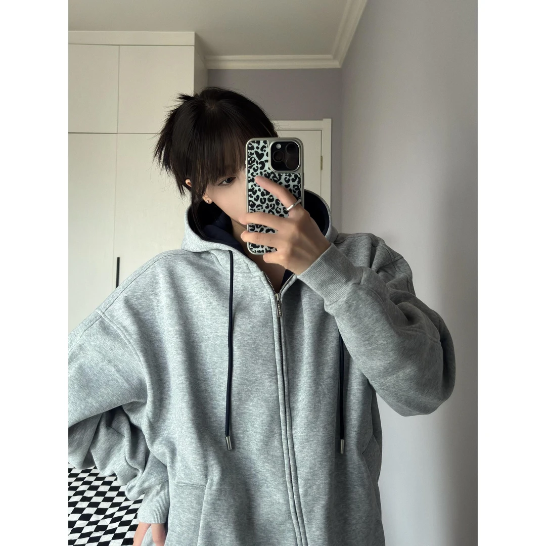 美式复古慵懒风撞色连帽开衫卫衣男秋冬季休闲宽松重磅情侣外套女