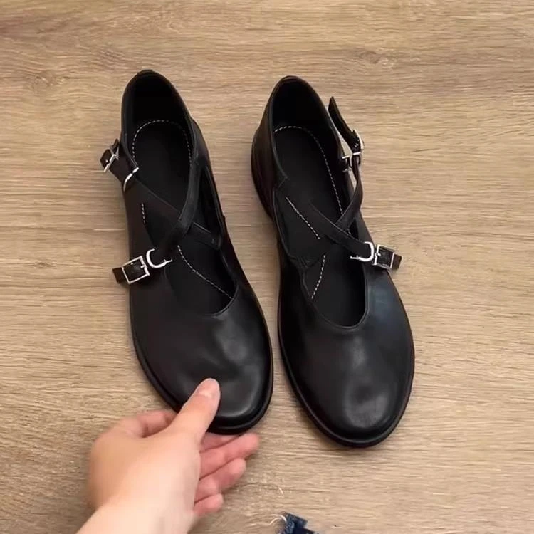 羊皮版法式复古玛丽珍鞋女款2025新款交叉带一字扣带平底芭蕾舞鞋