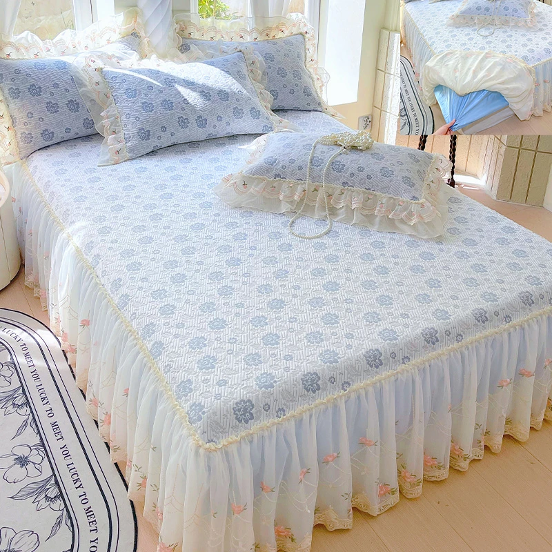 PE夏季凉感豆豆席三件套防滑罩床笠式床裙席子夏天空调可机洗软席