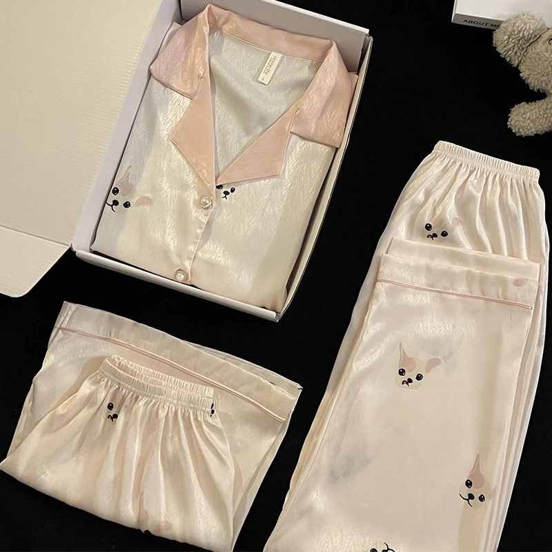 可爱小狗夏天季三件套装冰丝睡衣女款网红风凉感休闲家居服高级感