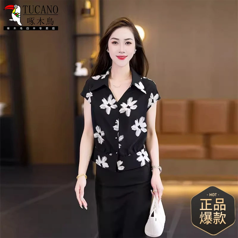 啄木鸟新款2025年夏季新款时尚印花短款衬衫透气显瘦小个子高级感