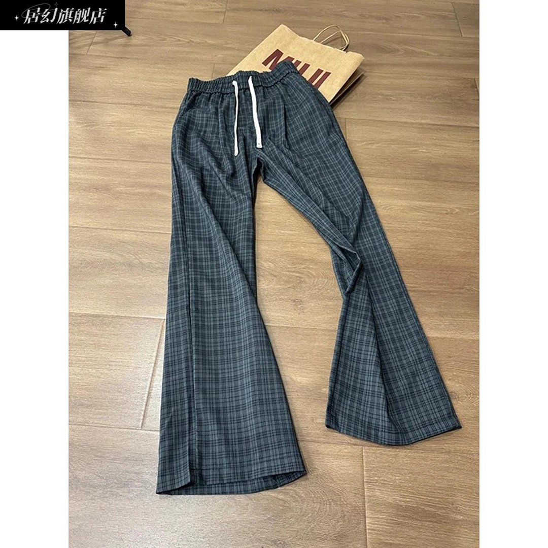 居幻美式覆古冰丝凉感格子裤男女冬季休闲裤子高腰垂感直筒遛弯裤
