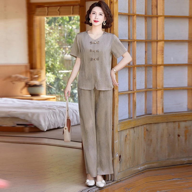 夏季新款中老年女装时尚中式套装气质妈妈夏装短袖上衣休闲两件套
