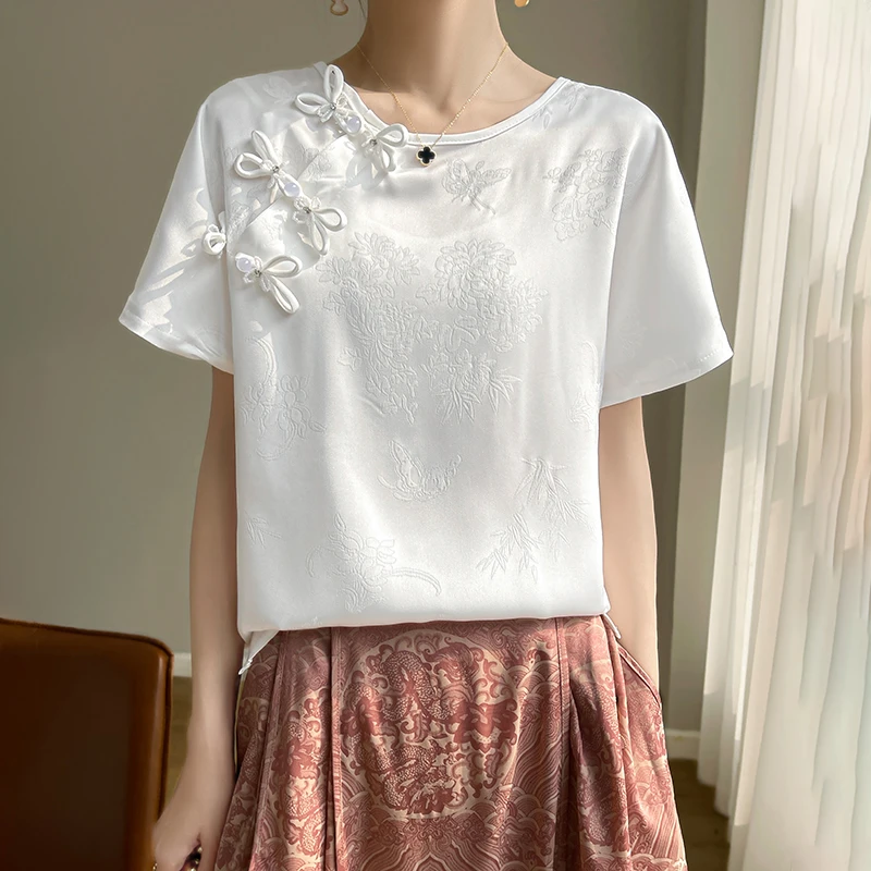 T恤新中式短袖宽松型民族风提花绣花重工夏装圆领印花rwf39