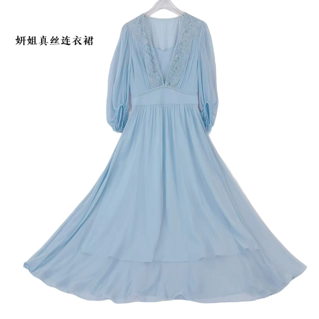 妍姐桑蚕丝夏季蕾丝气质百搭女装长裙优雅时尚蓝色 25S8066