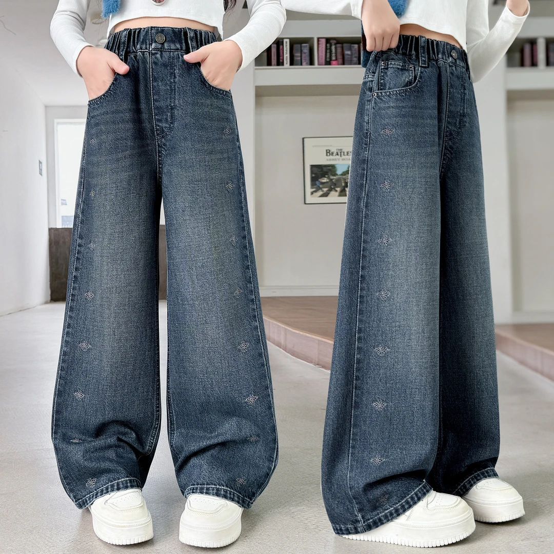 女童裤子牛仔阔腿裤春秋装2025新款中大童韩版休闲直筒裤秋季长裤
