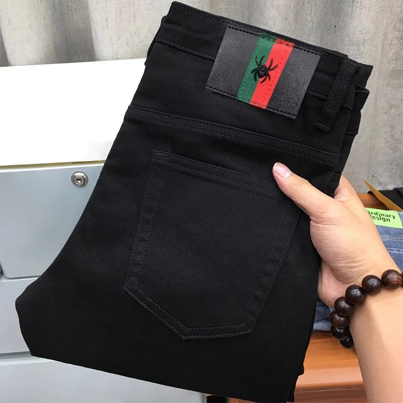 GS黑色牛仔裤男夏季潮流韩版百搭弹力修身小脚休闲牛仔长裤子男款