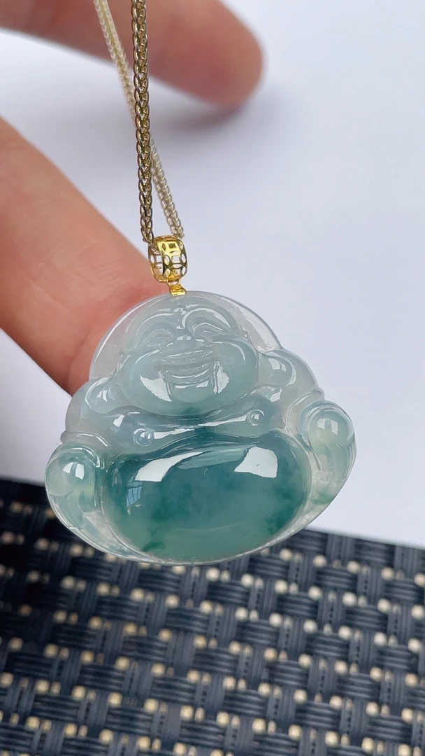 缅甸天然翡翠A货冰飘花佛公吊坠尺寸26.7-30.2-5.9