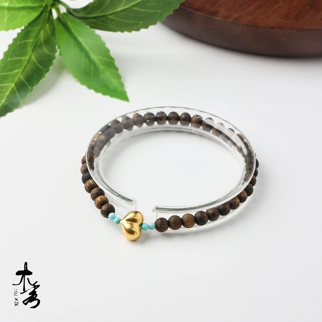 沉香【沉水级】18k奇楠沉香顺纹圆珠单圈手串爱心 三 XK25484