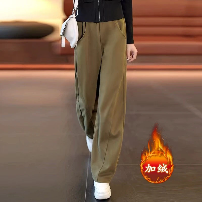 拉夏贝尔2025秋冬款女香蕉裤高腰舒适宽松百搭加绒加厚直筒阔腿裤