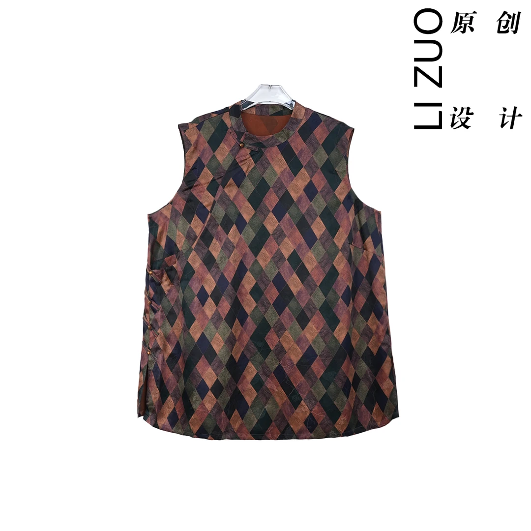 大码胖mm新中式国风28姆米红莨透孔萝奥黛小立领偏襟无袖上衣9353