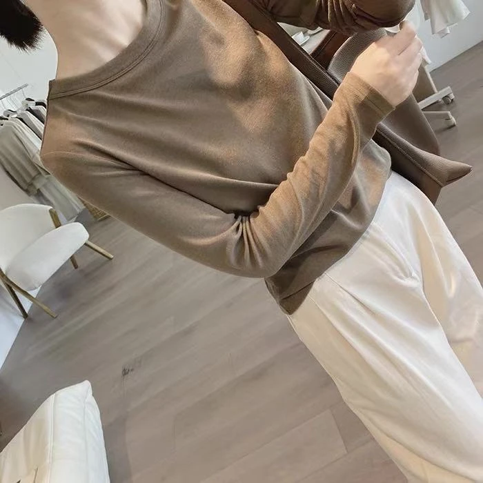 大码咖色圆领t恤女春秋季新款韩版胖m显瘦简约打底衫长袖宽松上衣