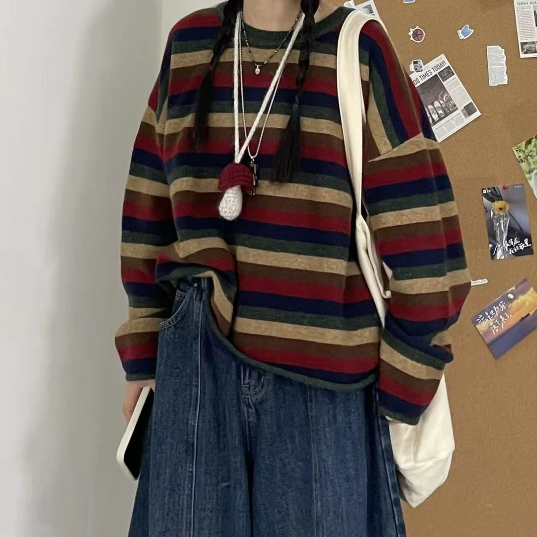 冬季新款复古条纹款宽松拼色毛衣35699款