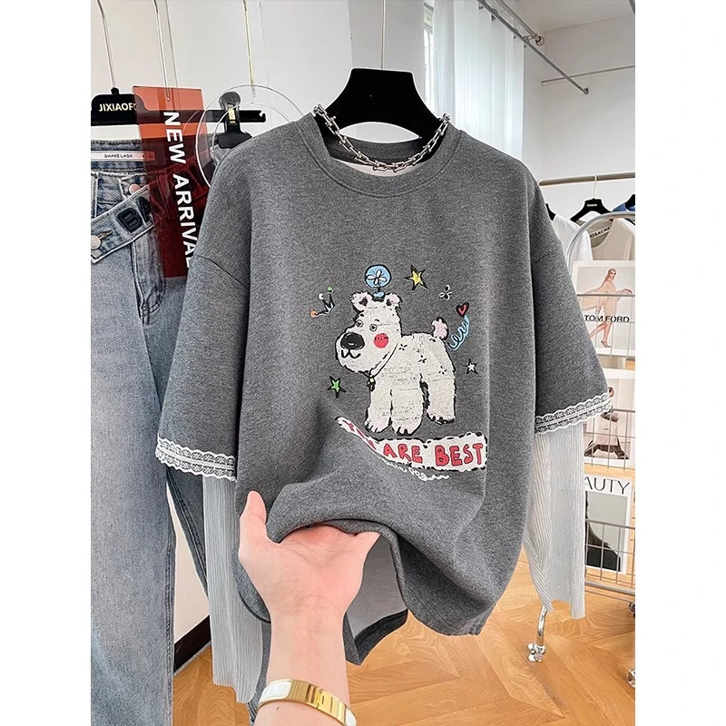 240斤大码高级感网纱长袖拼接假两件T恤女2025新款胖妹妹宽松上衣