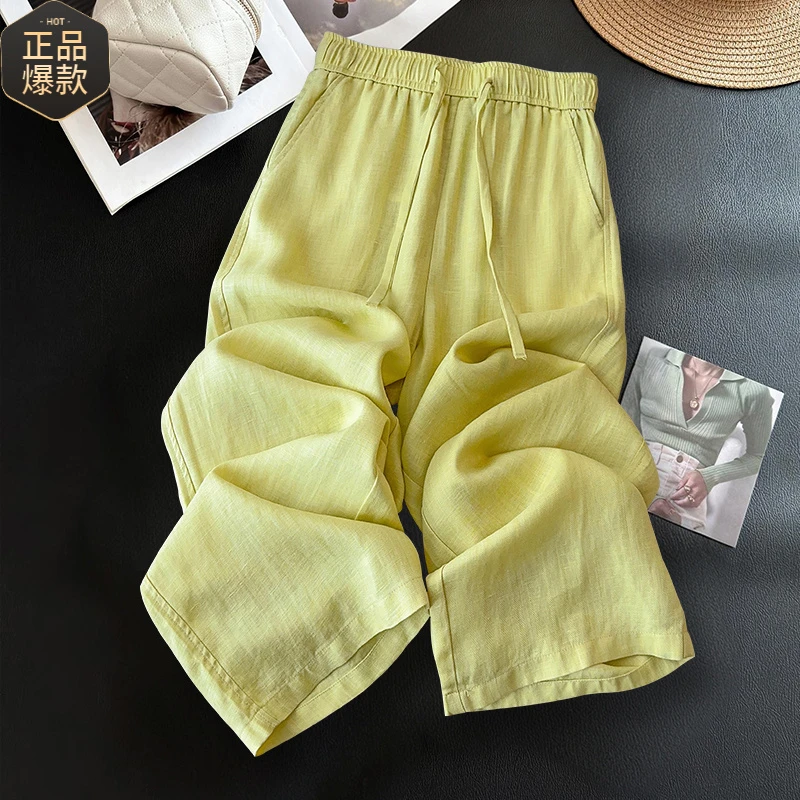 黄色亚麻直筒裤女夏季薄款2025新款宽松显瘦天丝亚麻阔腿裤子