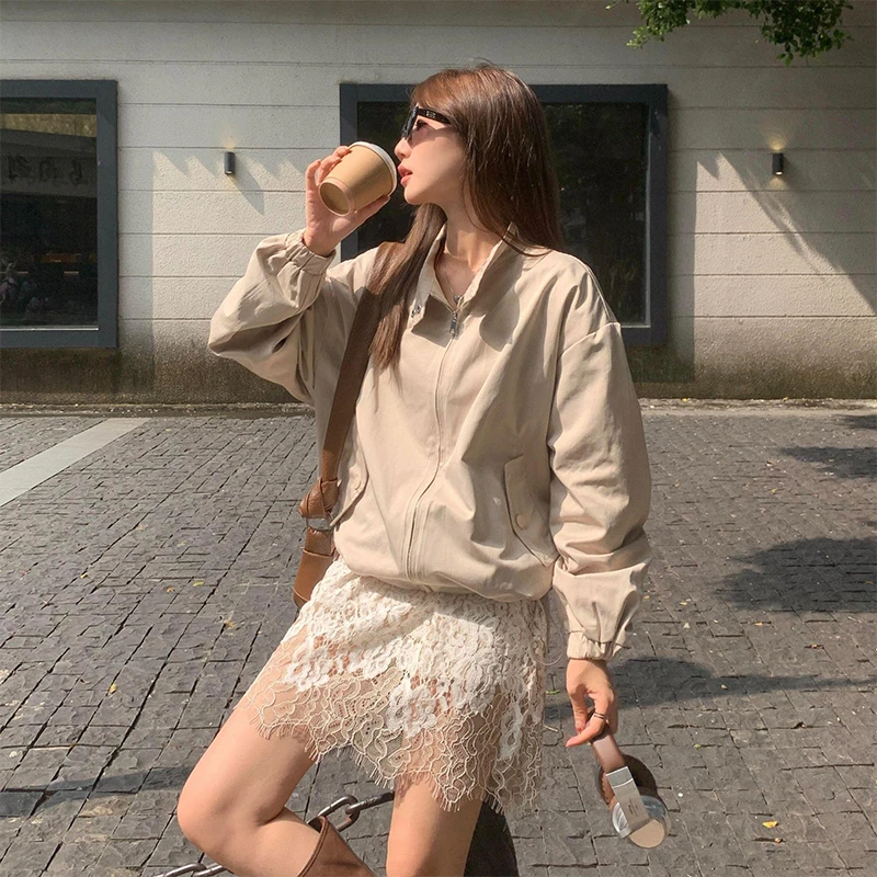 2025秋夏新款时尚简约百搭短外套女设计感纯欲辣妹高腰蕾丝边短裙