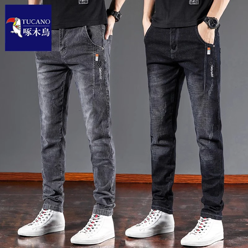 啄木鸟牛仔裤男士秋冬新款加绒加厚修身直筒弹力商务休闲长裤子男