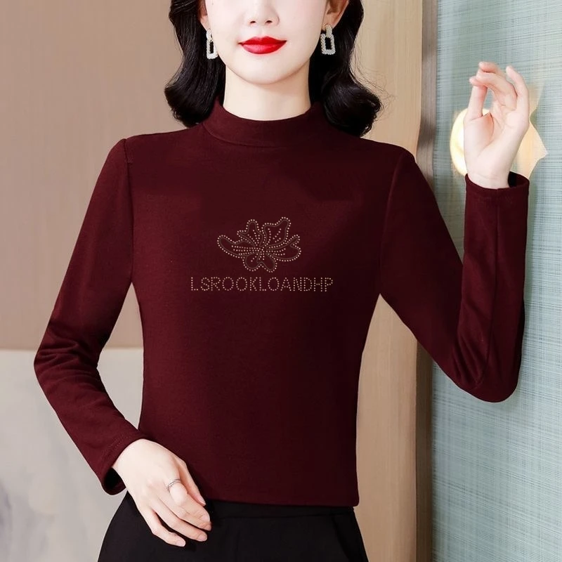 秋冬季新款德绒加厚保暖半高领烫钻打底衫长袖早秋妈妈装上衣女冬