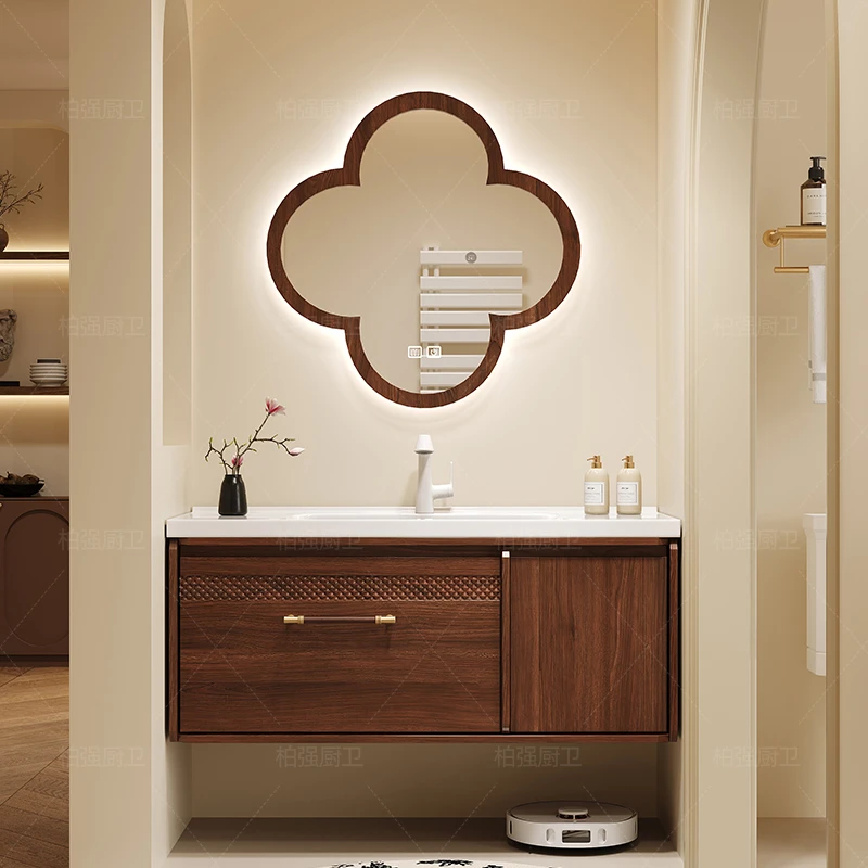 新中式乌金木色中古风浴室柜组合橡木烤漆洗手台卫生间陶瓷一体盆