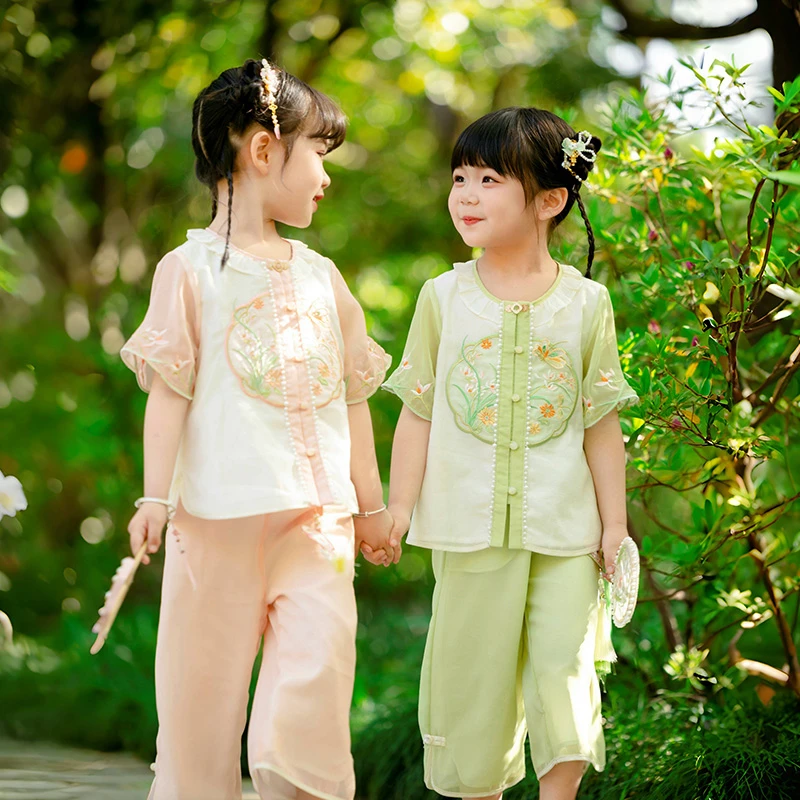 萌乎【寻茶归】女童国风清新薄款超仙儿童裤子女童夏装套装242252