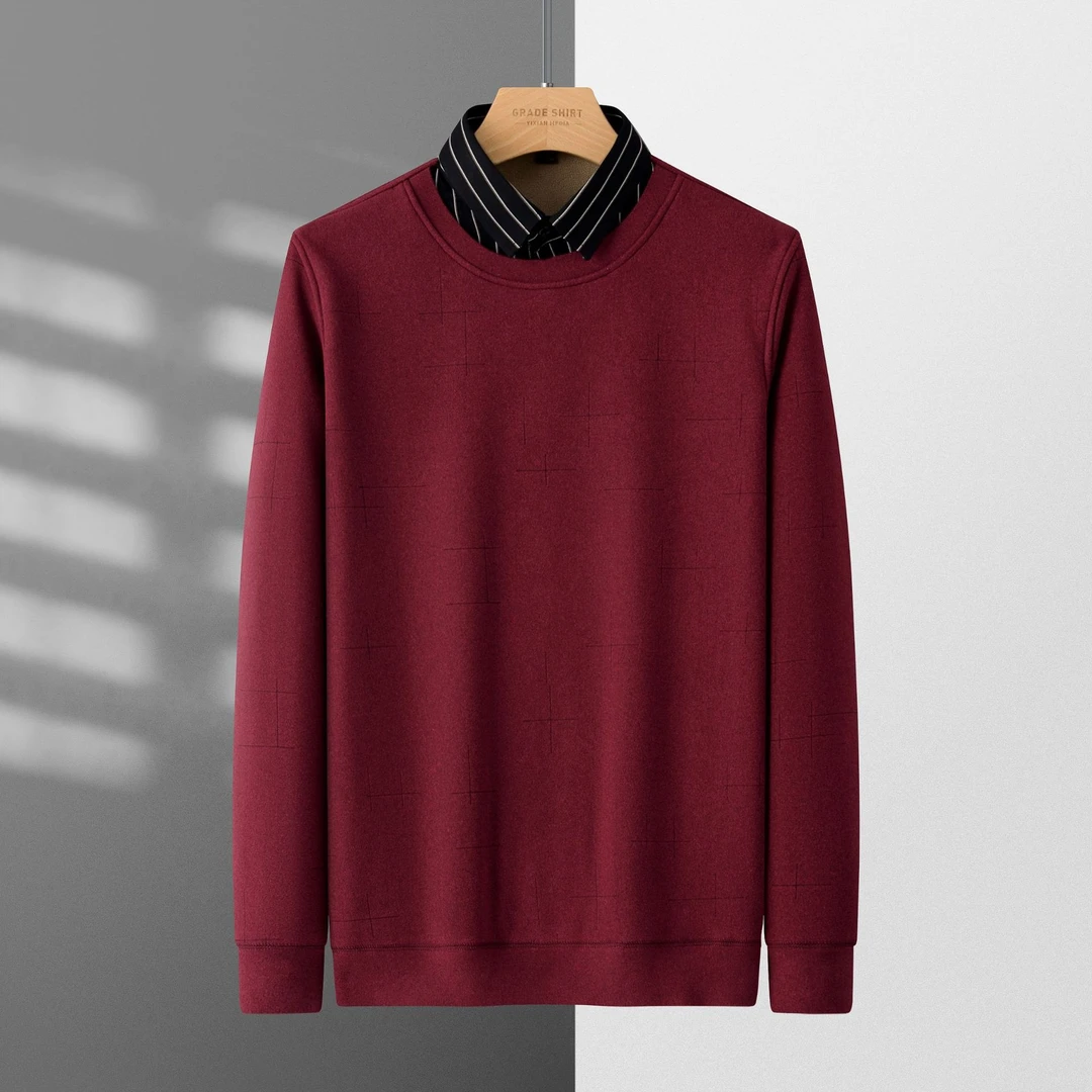 男士假两件衬衫领保暖衣针织衫冬季加绒加厚长袖中老年爸爸打底衫