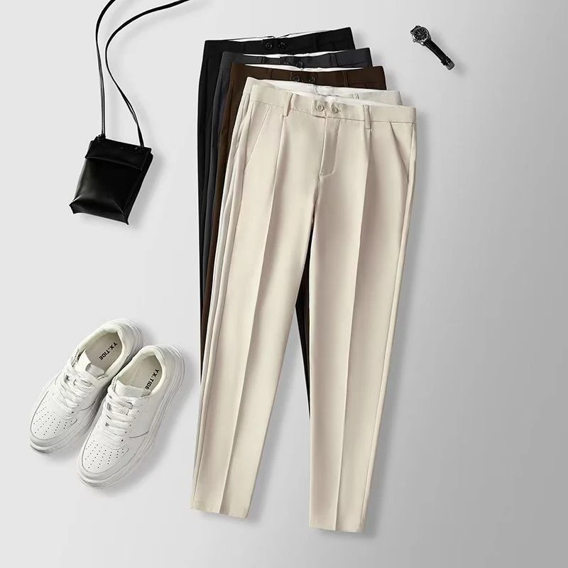 小西裤男九分修身直筒休闲裤冰丝男士高级垂感黑色西装裤子春季