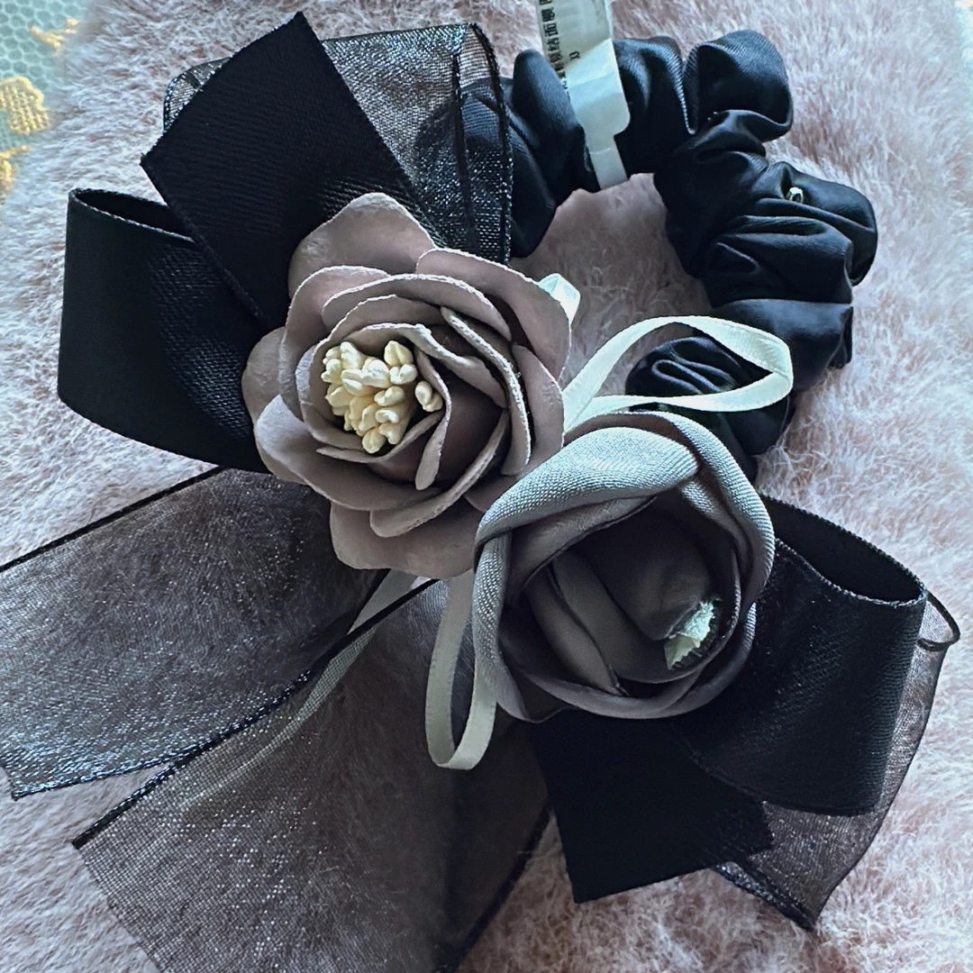 韩系慵懒风网纱蝴蝶结玫瑰发圈高级感百搭扎头发饰