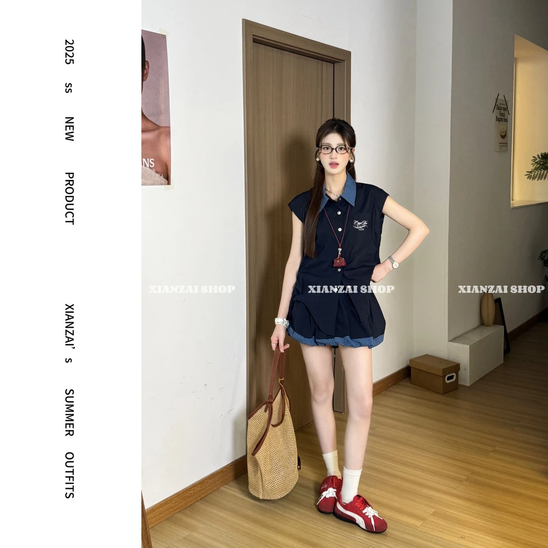 XIANZAI【流星花园】夏季新款时尚格子拼接无袖衬衫花苞裙两件套装