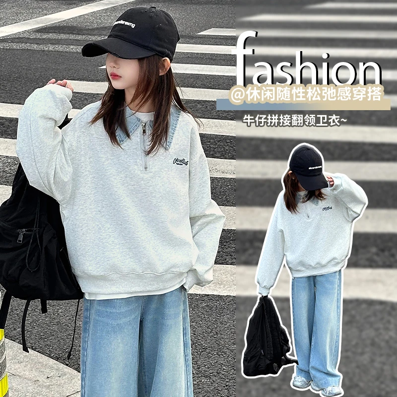 女童春秋新款牛仔翻领卫衣女孩宽松休闲拼接秋季卫衣儿童韩版卫衣