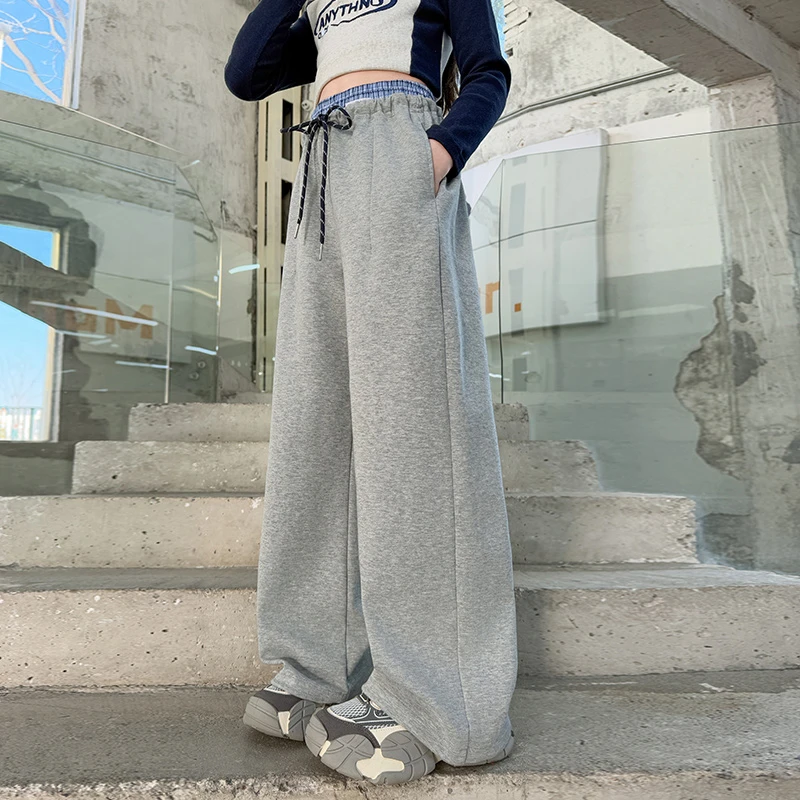 儿童秋装2025新款大女童装灰色裤子春秋款运动卫裤秋季阔腿直筒裤