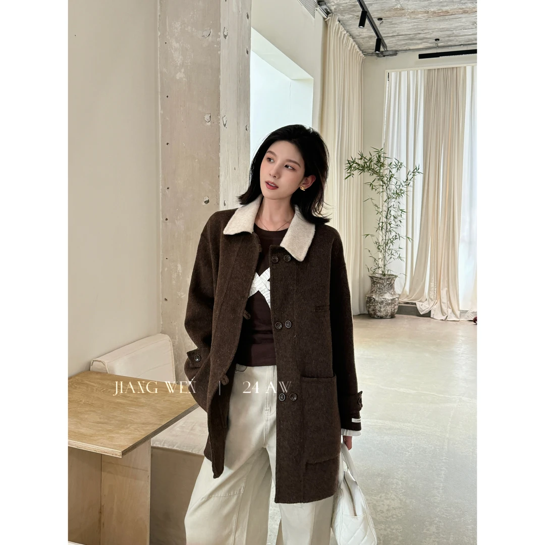 UKILAU【茶棕】拼色翻领羊毛短款小个子赫本风韩版毛呢外套
