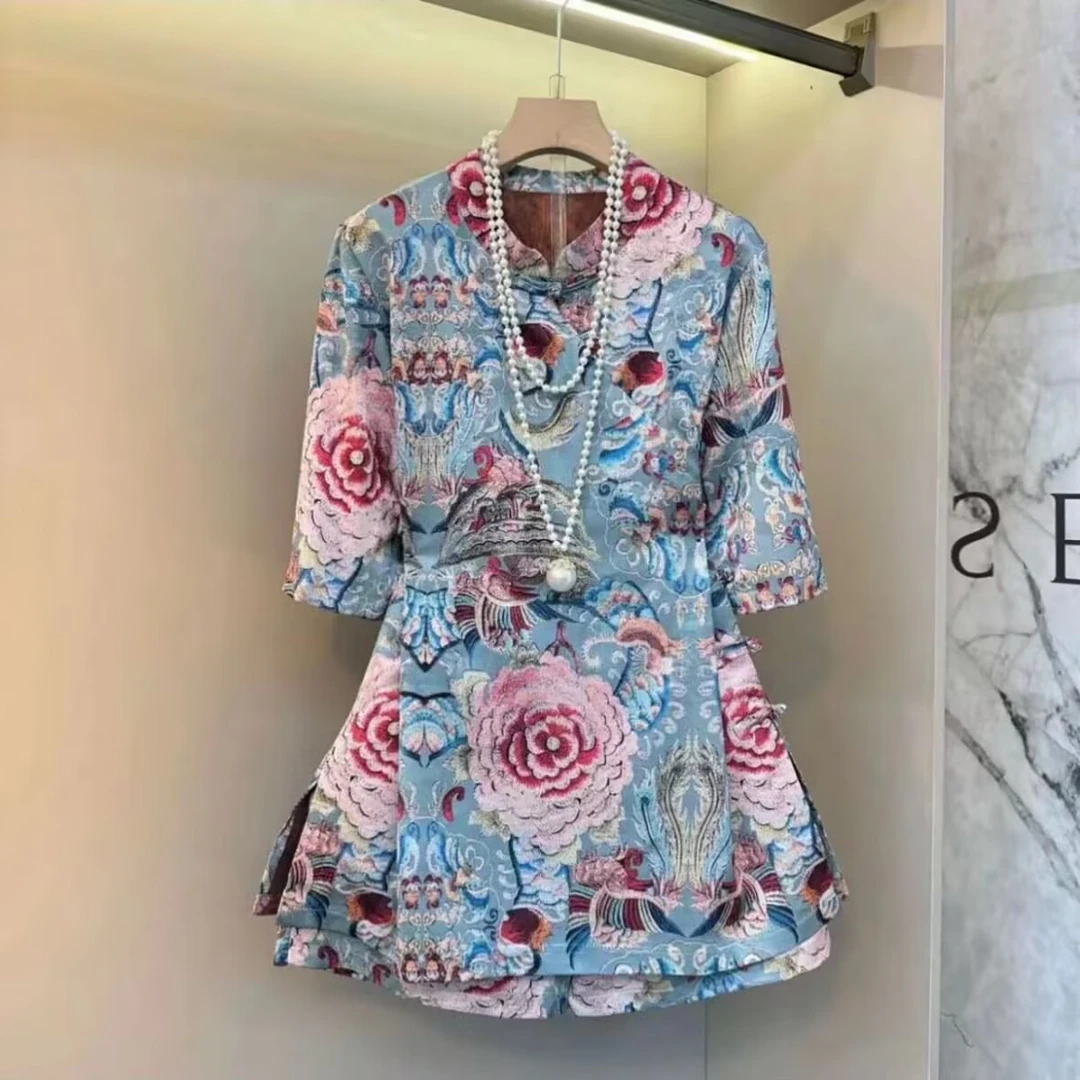 新款洋气复古印花新中式t恤女夏款气质短袖时尚上衣宽松短裤套装