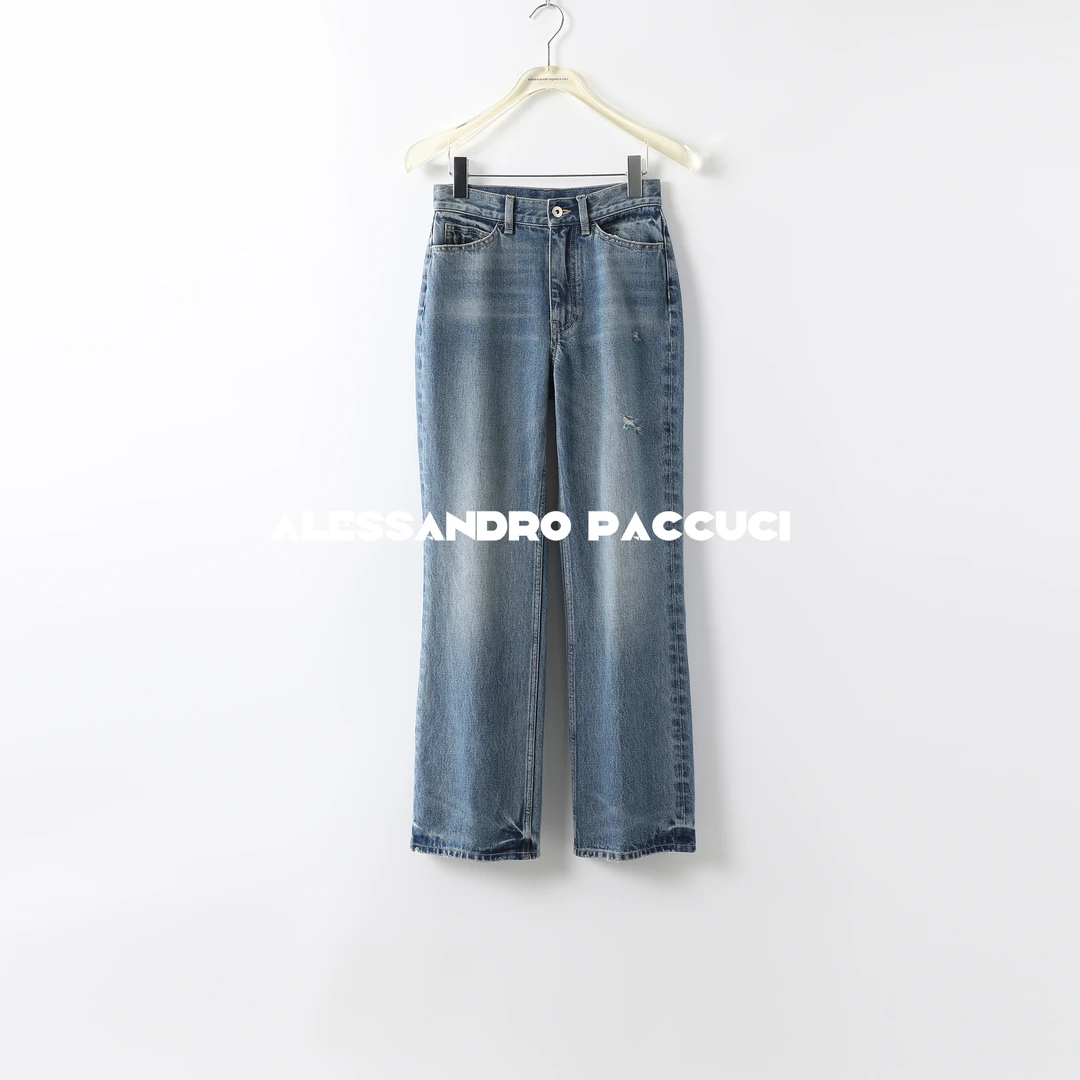 AP洛哥23476X【街拍】蓝色100棉斜纹复古时尚百搭直筒牛仔长裤