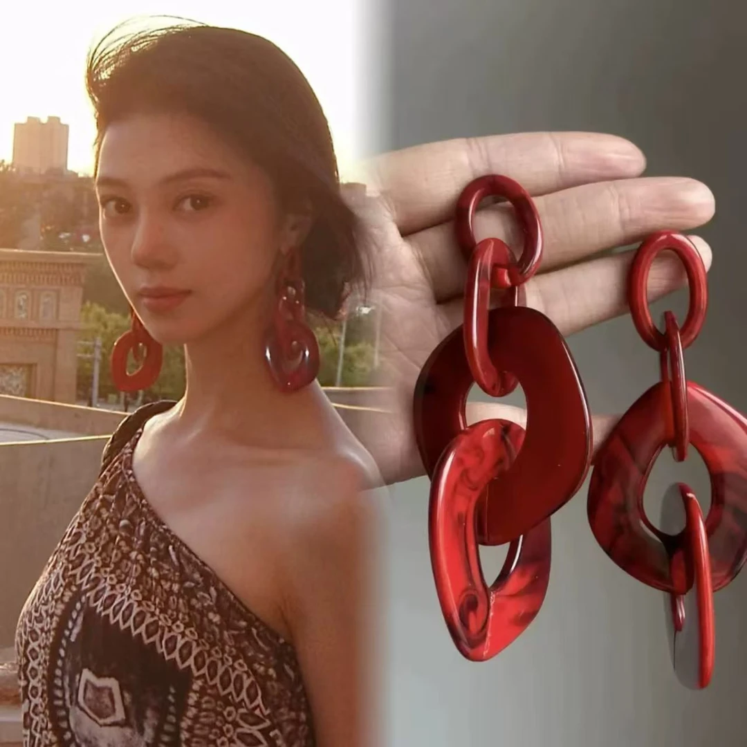 复古亚克力红色几何大耳环欧美风时尚轻奢气质耳坠个性夸张耳饰女