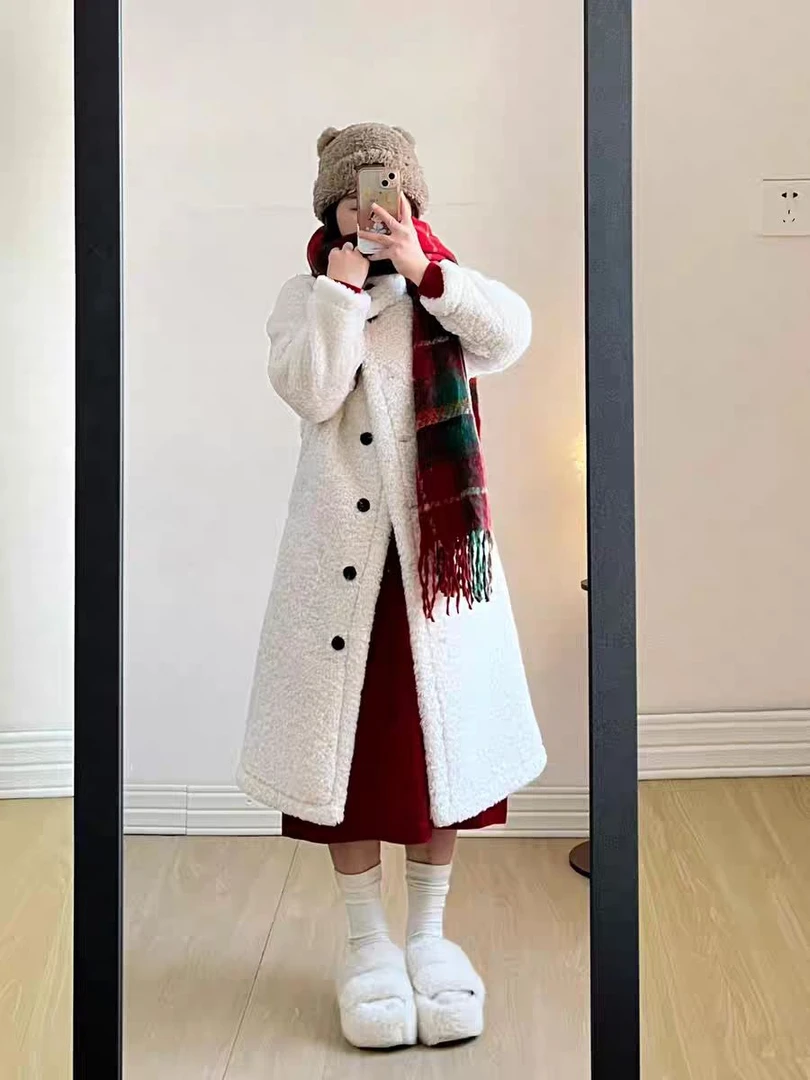 冬季新款小个子韩版长款外套加厚保暖145宽松减龄白色羊羔毛大衣