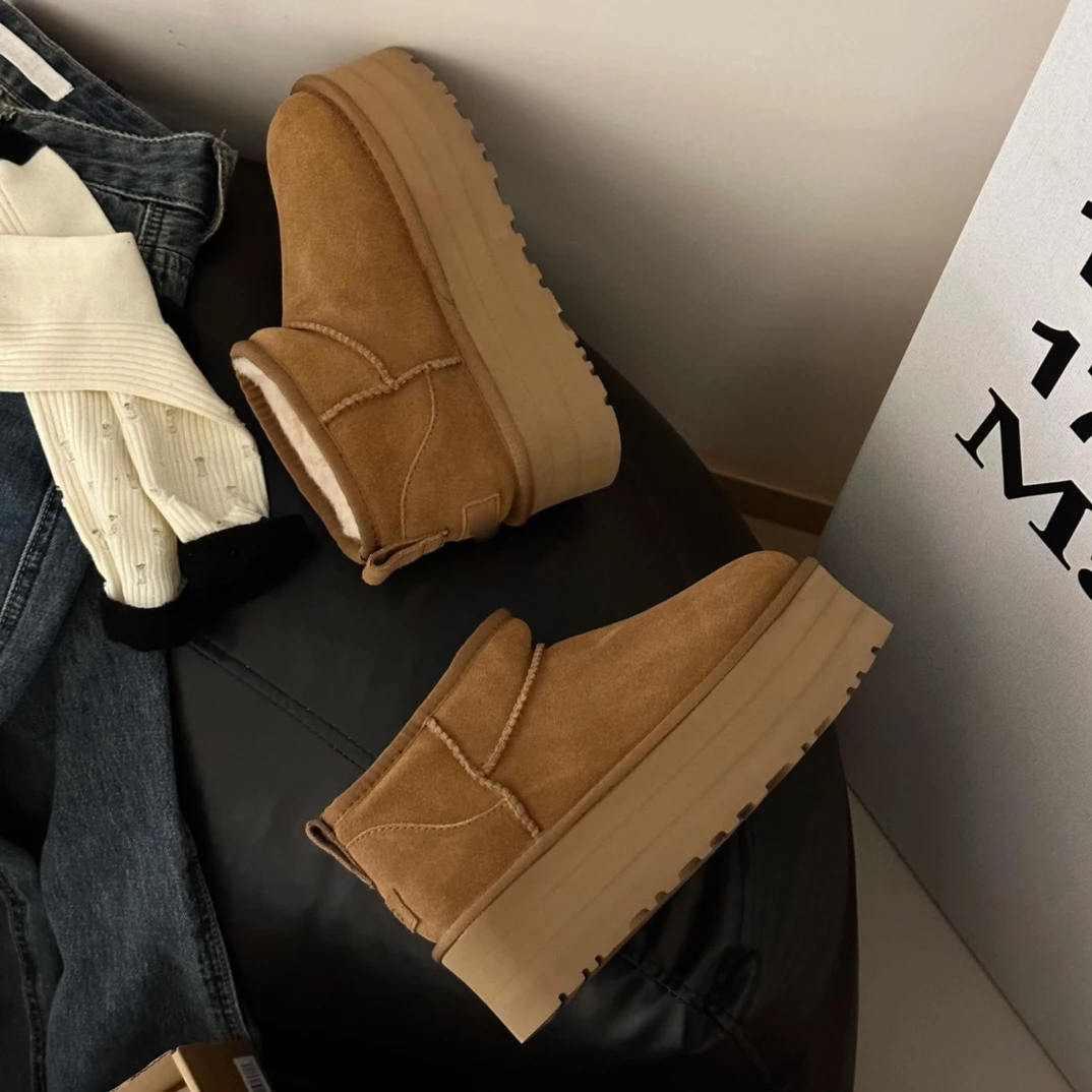 5CM冬雨 河南桑坡雪地靴女鞋新款厚底保暖增高系带短筒雪地靴