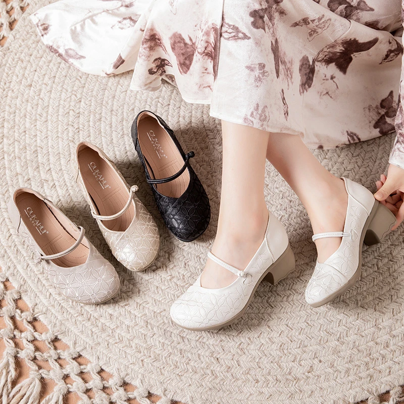 春秋新款真皮苏绣软底粗跟中跟百搭舒适时尚新中式旗袍单鞋9299