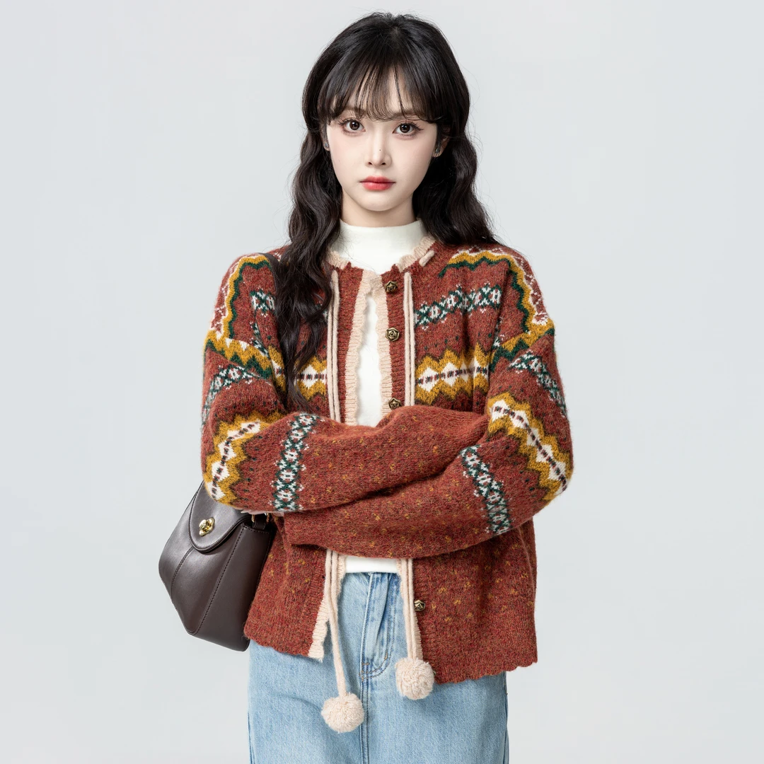 红色费尔岛毛衣外套女春秋2025秋季新款复古宽松针织开衫短款上衣