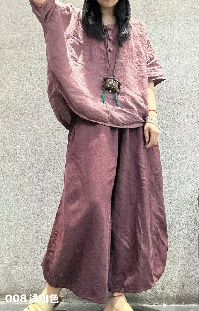 淘麻地界品牌文艺盘扣优雅潮款前短后长亚麻套头上衣