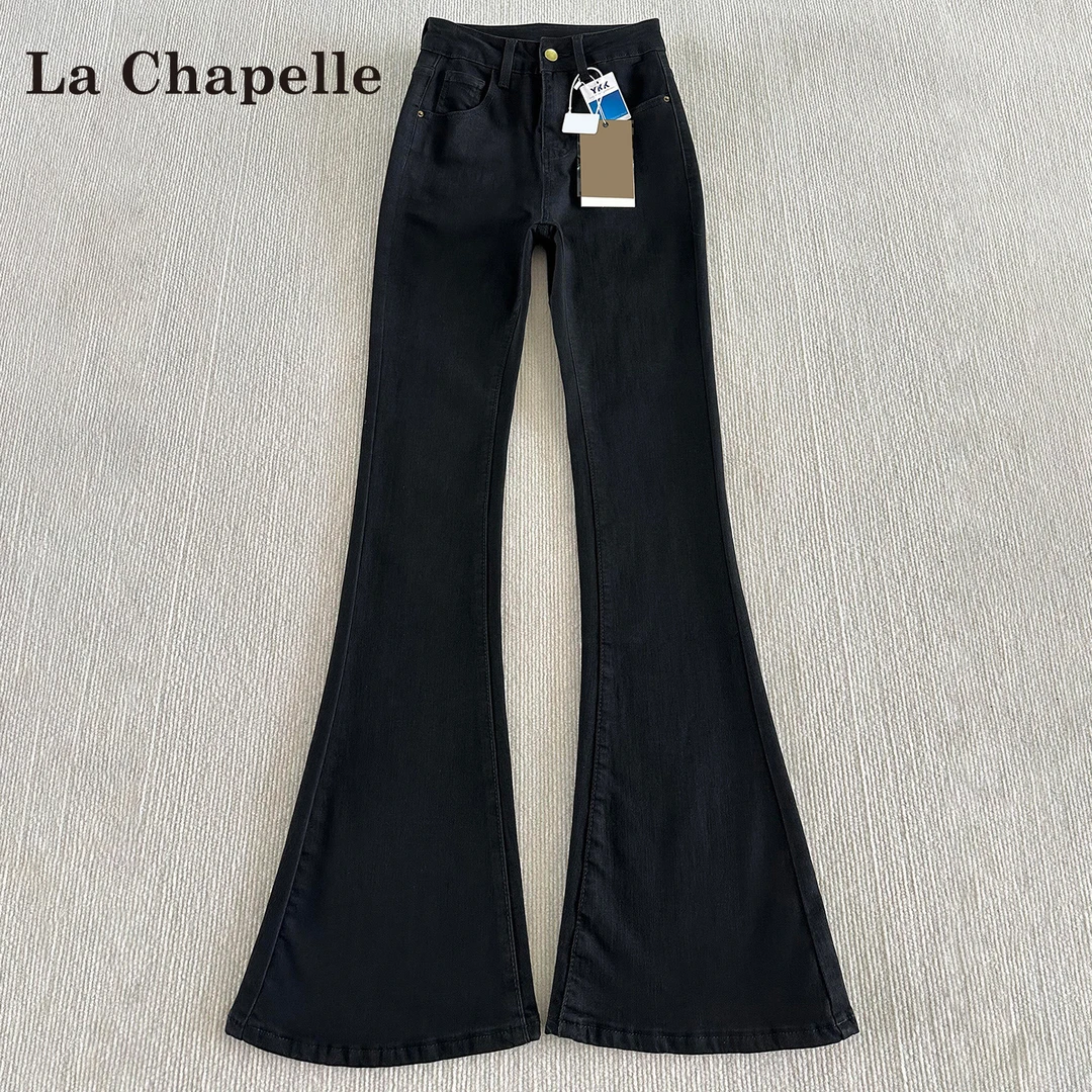 拉夏贝尔黑色加绒微喇牛仔裤女秋冬新款辣妹高腰修身显瘦喇叭裤子