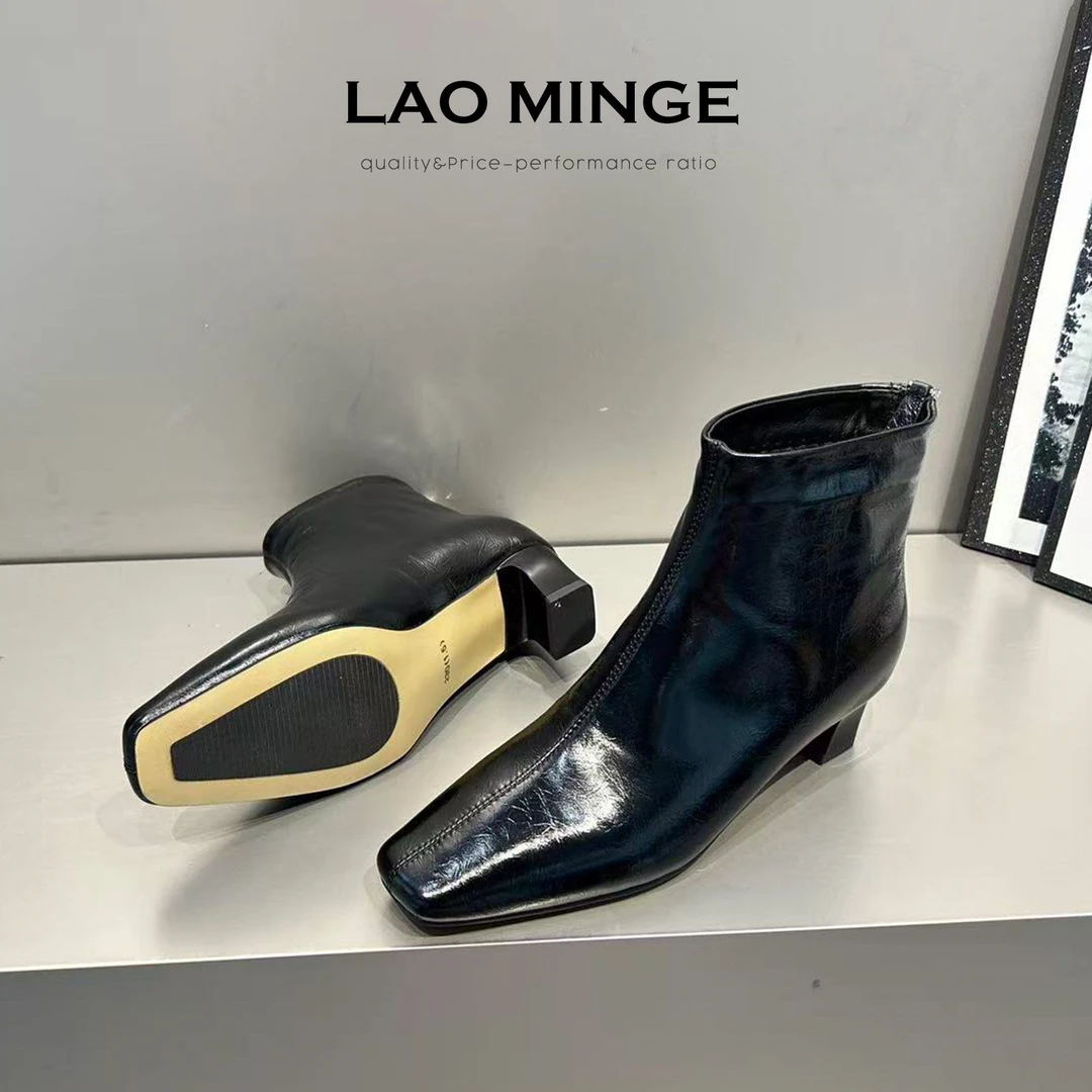 老敏哥 油牛皮方头中跟瘦瘦靴女冬季加绒粗跟短靴W08-566