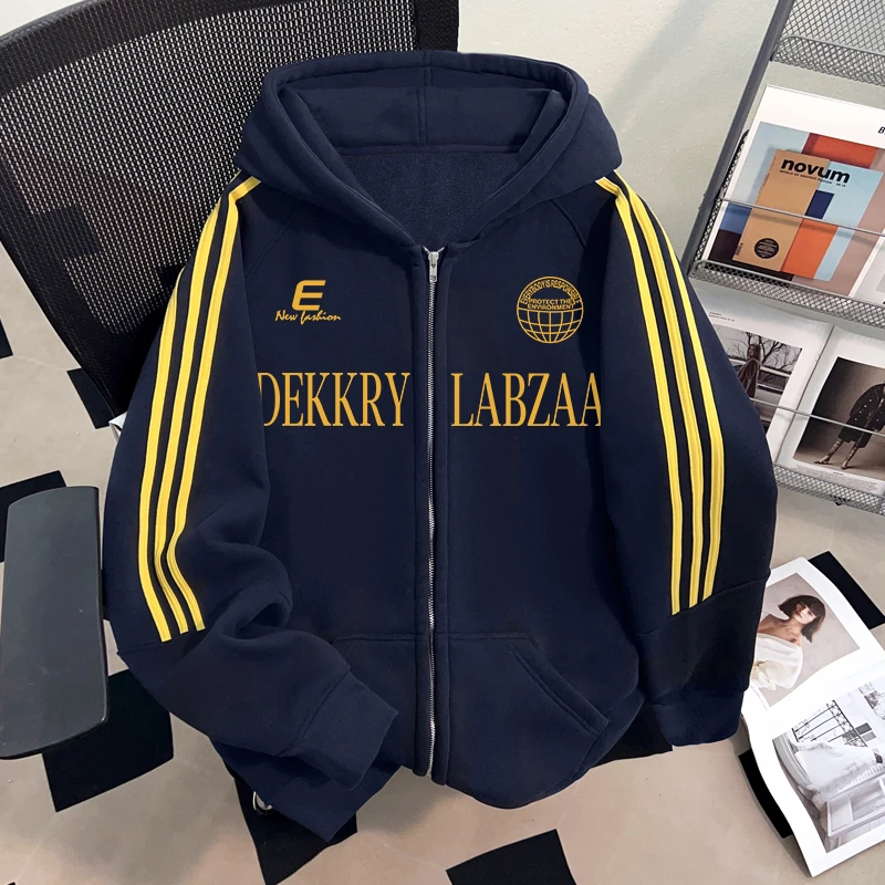 Dekkry时尚字母印花流行新款连帽开衫卫衣秋冬三条杠男女加绒外套