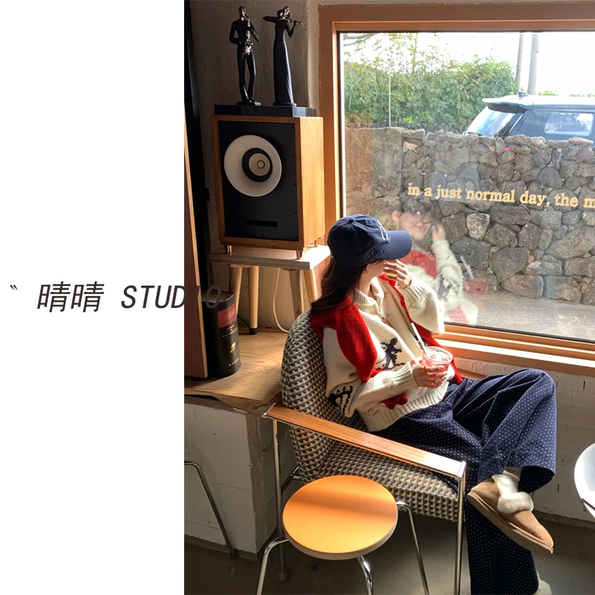 晴晴家-「牛仔波点裤」25年冬韩系简约波点加绒抽绳阔腿直筒裤1817
