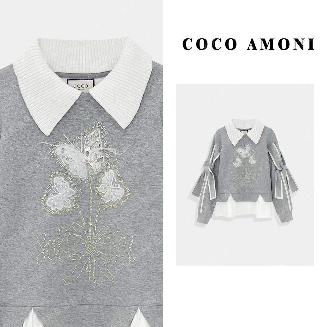 新款时尚设计感假两件拼接重工减龄显瘦气质百搭长袖卫衣LDD011